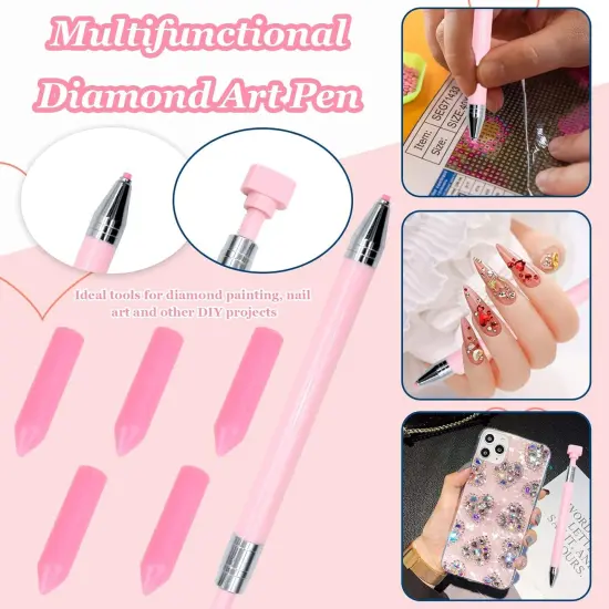 21 Pcs Diamond Painting Pens Kit, 1 Pcs Refillable Wax Pen with 20 Pcs Wax, Rotating Glue Point Drill Pen for Nail Art, Diamond Art Accessories and Tools, Quickly Pick Up Beads Gems (Pink) {4}