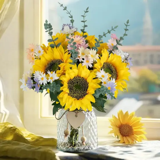 Sunflower Fake Flowers in Vase: Sunflowers Artificial Flowers with Vase for Table Centerpieces Decor - Silk Flower Bouquet Faux Arrangements Kitchen Bathroom Wedding Party Decoration {1}