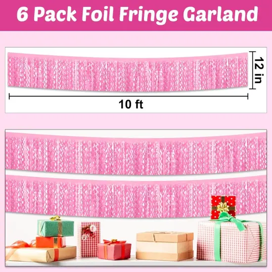 6 Pack 10 Feet Macaron Pink Wave Foil Fringe Garland Metallic Tinsel Streamers Banner Wall Hanging Curtain Backdrop for Parade Floats, Mother's Day, Easter, Wedding, Birthday Party Decoration {2}