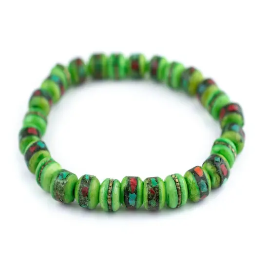 The Bead Chest Mala Stretch Bracelet, Lime Green - Stackable Nepal Bone Inlaid with Turquoise & Coral Colors, 100% Authentic and Genuine {1}