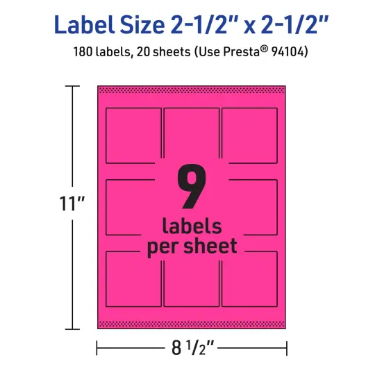 Avery Neon Magenta Paper Labels, 2.5" x 2.5" Square {5}
