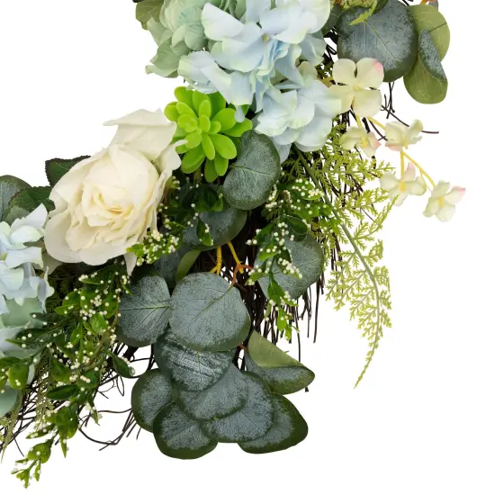 Northlight Hydrangea, Rose and Geranium Artificial Floral Spring Wreath, White and Blue - 24-Inch {5}