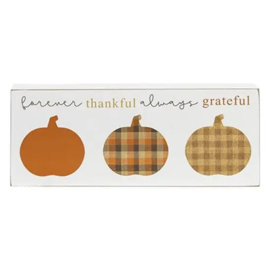 Rustic Fall Pumpkins Box Sign Featuring &ldquo;Forever Thankful Always Grateful&rdquo; in Orange and Plaid Colors {1}