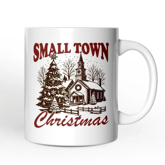Small Town Christmas Vintage Mug, Rustic Winter Church Gift {1}