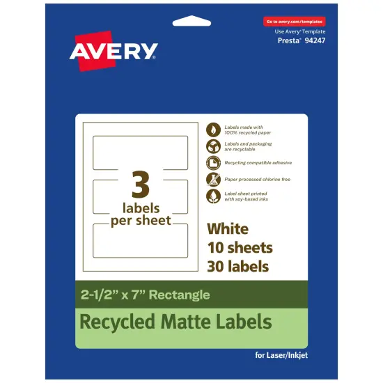 Avery Recycled Matte White Labels,2-1/2" x 7" Rectangle {1}