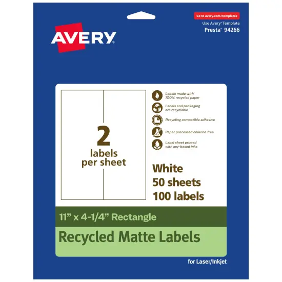 Avery Recycled Matte White Labels,11" x 4-1/4" Rectangle {1}