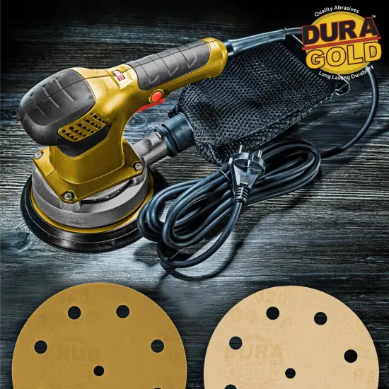 320 Grit - 5" Gold DA Sanding Discs - 9-Hole Pattern Hook and Loop - Box of 50 {5}