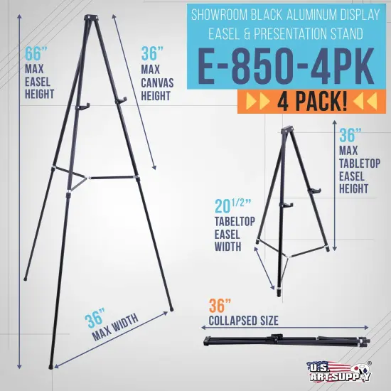 66" High Black Metal Display Easel (4 Pack) - Large Adjustable Height Portable Easel Stand, Sign Display, Holds 25 lbs - Floor & Tabletop Easels, Painting Stand {2}