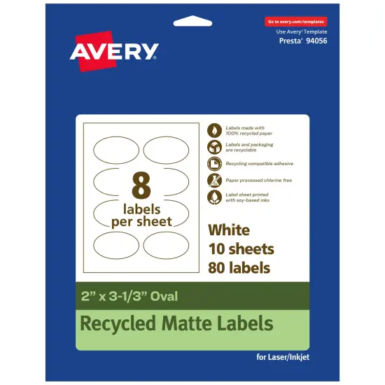 Avery Recycled Matte White Labels,2" x 3-1/3" Oval {1}