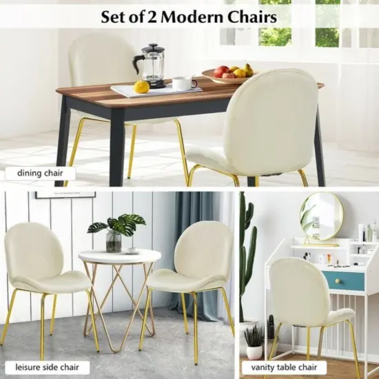 Set of 2 Velvet Accent Chairs with Gold Metal Legs and Ergonomic U Shaped Seat Beige {2}