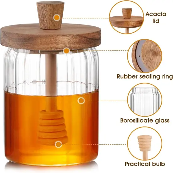 18.5oz Glass Honey Jar with Dipper Stick and Wooden Lid, Honey Pot with Wooden Dipper, Airtight Honey Containers with Dipper {3}