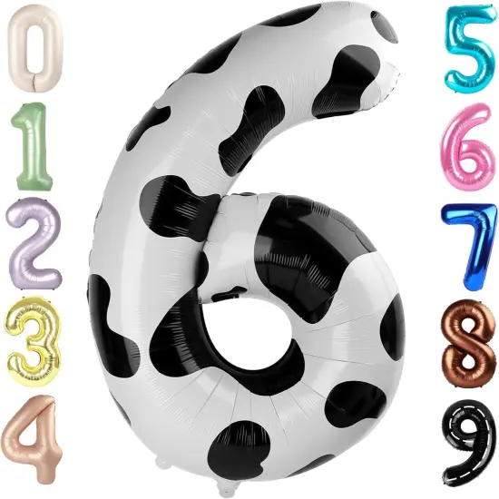 Balloons Number 6th Birthday Balloon for Boy Girl, 40 Inch Black White Cow Print Large 6 Foil Mylar Foil Balloon Helium Number Balloons Animal Farm Cowboy Cowgirl Themed Party {1}