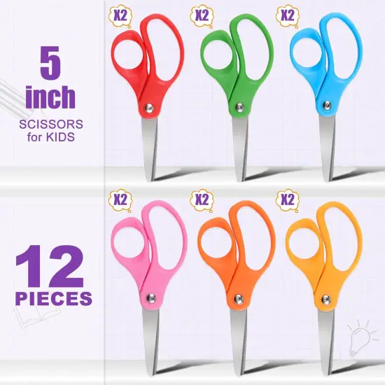 12 Packs 5" Small School Student Blunt Tip Craft Kids Scissors, Stainless Steel Blades Comfort Grip 5 Inch Safety Scissors Bulk for Children Toodler Cutting Paper {4}