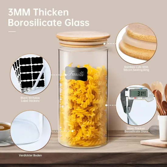 Extra Large Glass Flour and Sugar Storage Containers with Airtight Lids,132 floz x2 [Set of 2] Big Glass Jars with Bamboo Lids, Air Tight Food Storage Jars for Cereal, Pasta, Rice, Coffee {3}