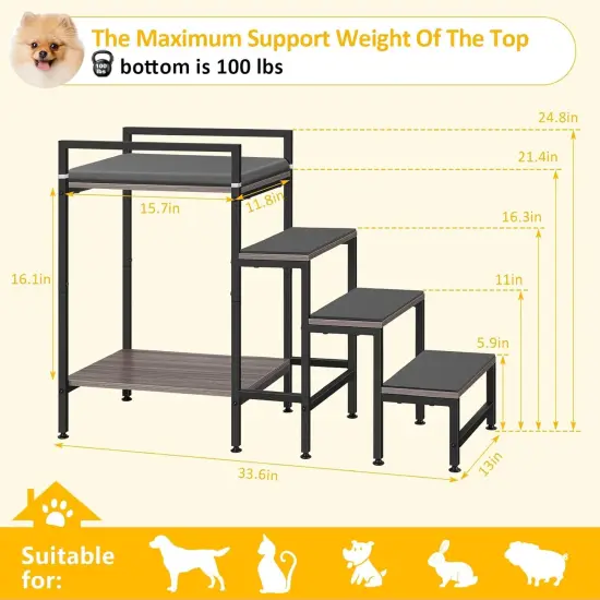 24.84&rsquo;&rsquo;H Window Perch Dog Steps for High Beds & Couches - 4-Step Non-Slip Pet Stairs with Bunk Bed, Removable Cushion, Adjustable Feet - Sturdy Frame for Small/Medium Pets {2}