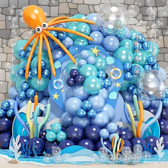 202 Pcs Under the Sea Party Decorations Balloon Arch Kit, Teal Blue - Ocean, DIY Octopus Clear Balloons, Finding Nemo Birthday Party Themed Decor {1}