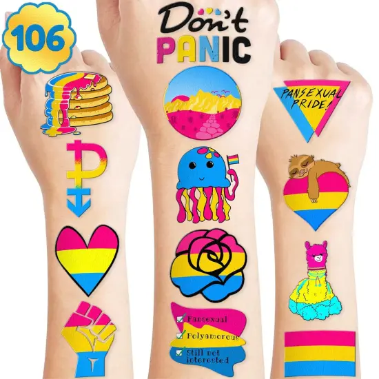 106 PCS Pansexual Rainbow Pride Month Temporary Tattoos Themed Birthday Party Decorations Favors Supplies Cute Pan Flag Gay LGBT Tattoo Stickers Gifts For Men Woman Classroom School Reward Festival {1}