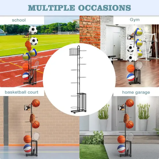 7-Tier Freestanding Basketball Storage Rack with Baskets & Hooks &ndash; Heavy Duty Indoor/Outdoor Sports Organizer for Football, Volleyball, Bats, Rackets, and Gear (Garage, Gym, School) {5}