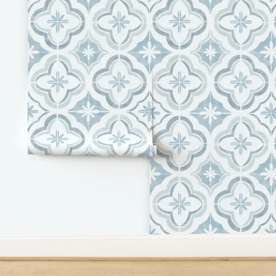 Pre-Pasted Wallpaper 2FT Wide Mosaic Traditional Classic Faux Tile Blue And White Ogee Flowers Geometric Modern Farmhouse Rustic Country Home Custom Pre-pasted Wallpaper by Spoonflower {2}