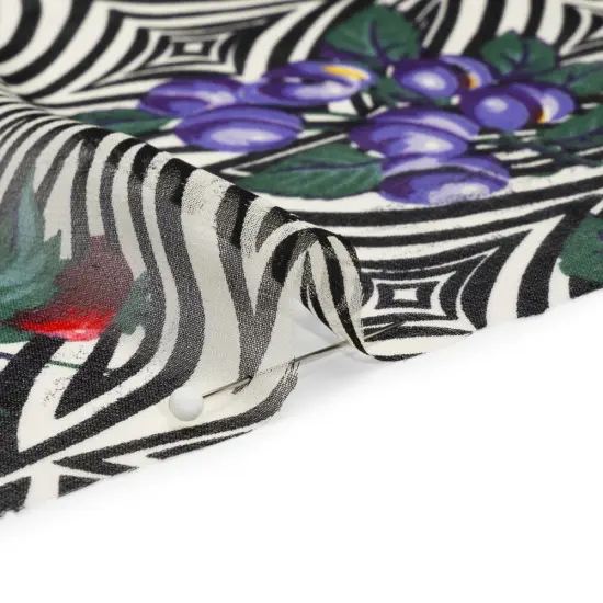 1 Yard Black, White and Green Op Art Fruits Silk Chiffon Abstract Print Fabric, 54 Inches Width {2}