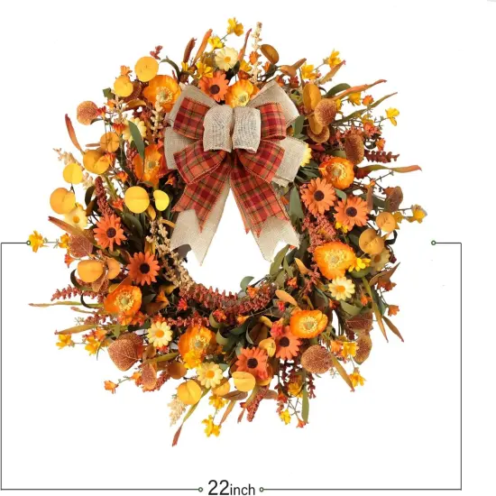 22 Inch Artificial Fall Autumn Daisy Wreath with Bowknot {3}