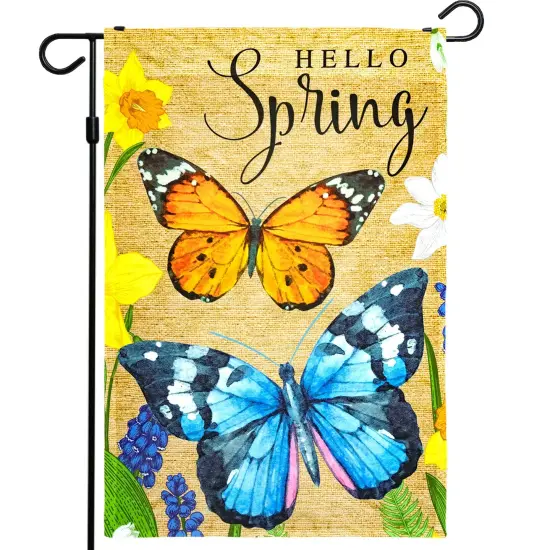 G128 - Hello Spring Butterflies and Flowers Garden Flag | 12x18 Inch | Printed 150D Polyester - Rustic Holiday Seasonal Outdoor Flag {1}