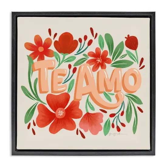 Stupell Industries Te Amo con Flores Rojas Framed Floater Canvas Wall Art Black Floater Frame {7}