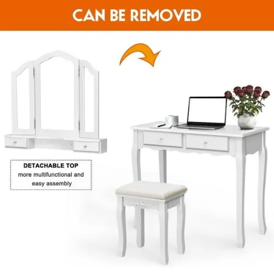 Tri Folding Mirror Vanity Table Stool Set with 4 Drawers and Cushioned Stool White {5}