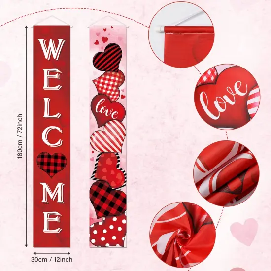 2 Pcs Valentine's Day Door Banner Decoration Valentine Hanging Front Porch Welcome Sign Red Buffalo Plaid Love Heart Banner Romantic for the Home Wall School Office Indoor Outdoor Party Supplies Decor {4}