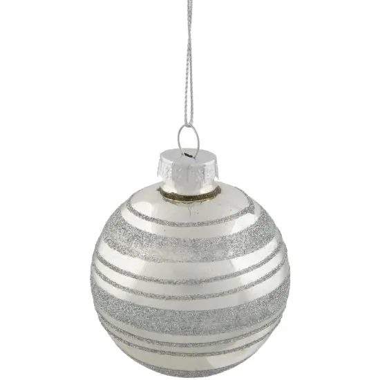 Northlight Glitter Stripes Christmas Shiny Glass Ball Ornaments - 2.5" (67mm) - Silver - 4ct {7}