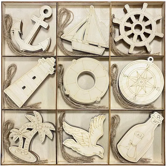 45 Pack Unfinished Nautical Wood Cutouts for Crafts, Wooden Anchor,Sailboat,Ship Wheel,Compass for DIY Project 3.5 Inch 5 Peices Each {1}
