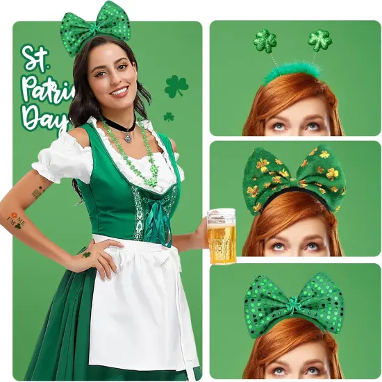 29Pack St Patricks Party Favors of 16pcs Shamrock Beads Necklace Bulk, 6pcs Clover Eyewear Sunglasses, 6pcs Green Hats Headband, 1pc St. Patrick's Day Stickers Party Dressing-up Costume Accessories {3}