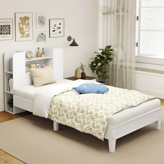 Wooden Twin Bed Frame with Bookcase Headboard Storage Shelves and Under-bed Space White {5}