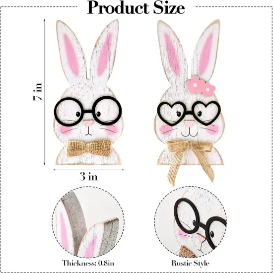 Easter Decorations: Rustic Antique Wooden Bunny Couple Happy Easter Table Centerpiece Signs, Farmhouse White Rabbit with Glasses Wood Easter Decor for Home Office Table, Cute Easter Gifts {2}
