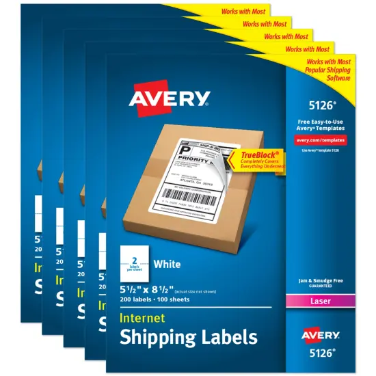 Avery Half-Sheet Printable Shipping Labels, 5.5" x 8.5" Customizable Stickers, White, 200 Blank Mailing Labels, Great for Mailing, Shipping, Organizing, and More (5126) - 5 Pack {1}