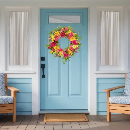 Northlight Gerbera Daisy, Berries and Daisy Floral Spring Wreath - 23" - Pink/Yellow {4}