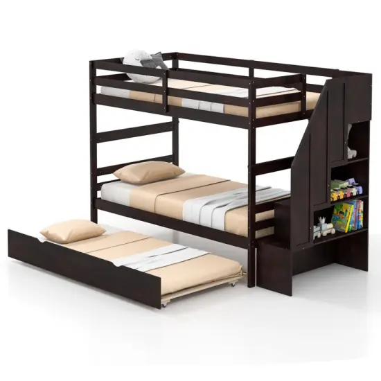 Twin Bunk Bed with Guard Rail and 4-Step Storage Stairs No Box Spring Needed Brown {9}