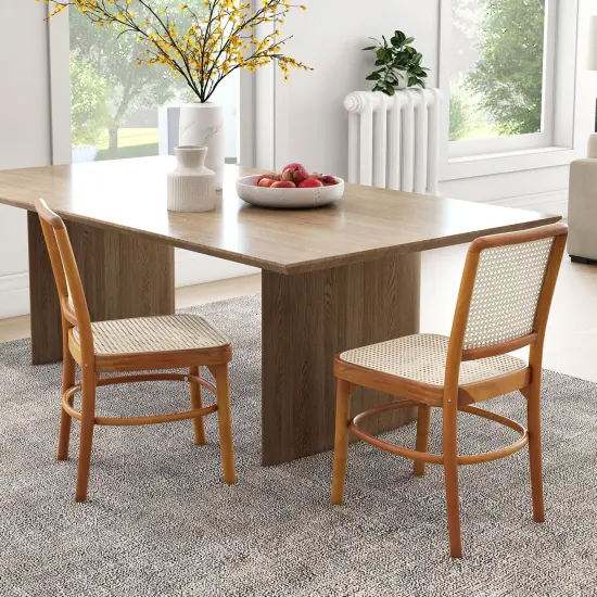 Set of 2 Dining Chairs Rattan with Teak Wood Structure and Footrests {2}