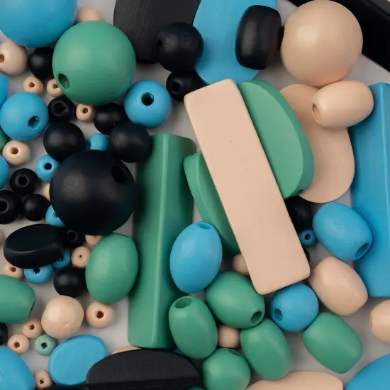 John Bead Craft Wood Beads with Elastic Nylon Cord, 90g Blue& Natural &Green {4}