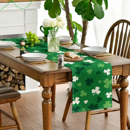Green Shamrock St. Patrick's Day Table Runner, Seasonal Spring Kitchen Dining Table Decoration for Home Party Decor 13x72 Inch {3}