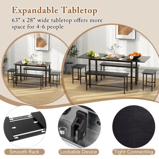 5 Piece Dining Table Set for 4-6, Includes 2 Benches & 2 Stools, Ideal for Kitchen & Dining Room Black {5}