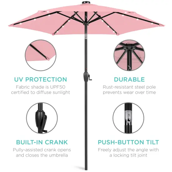Best Choice Products 7.5ft Outdoor Solar Patio Umbrella for Deck, Pool w/ Tilt, Crank, LED Lights Carnation {5}