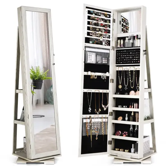 Costway 360degree Rotatable Jewelry Cabinet 2-in-1 Lockable Mirrored Organizer White/Black/Dark Brown/Gray/Blue/Pink/Purple/Dark Gray {7}