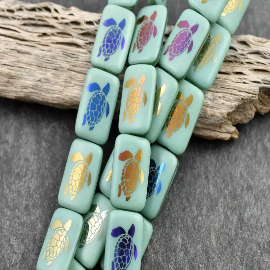 *6* 18x12mm Opaque Turquoise Sliperit Laser Tattoo Rectangle Turtle Beads {2}