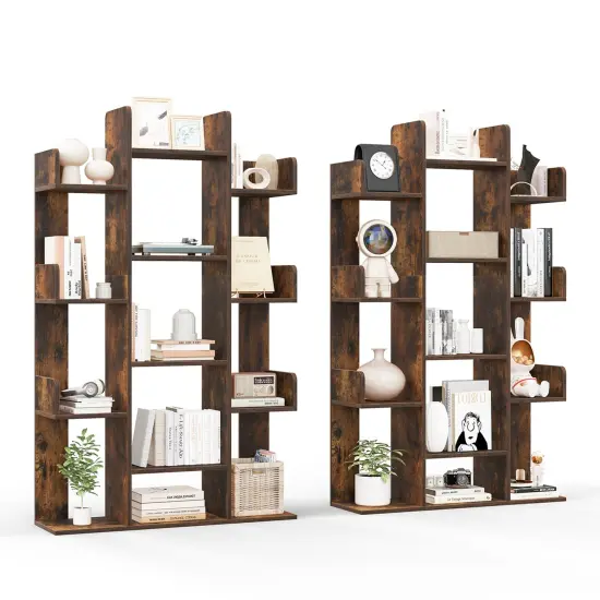 Costway 1/2 PCS Bookshelf Tree-Shaped Bookcase with 13 Storage Shelf Rustic Industrial Style Rustic Brown {8}