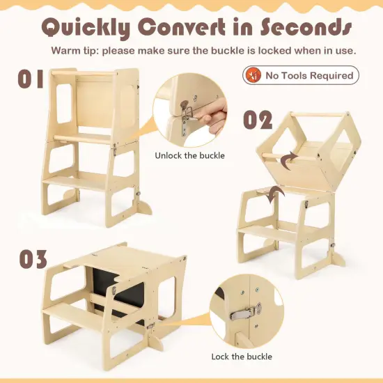 Costway 3-in-1 Foldable Kitchen Standing Tower for Toddlers with Chalkboard Weaning Table Natural {5}
