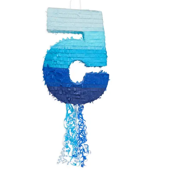 BLUE PANDA Ombre Blue Number 5 Pull String Pinata, Party Game for Kids Ages 3-14, Fillable Hanging Decoration for Birthday Decorations, Holds Candy, Toys & Confetti (16.5 x 11.6 In) {7}