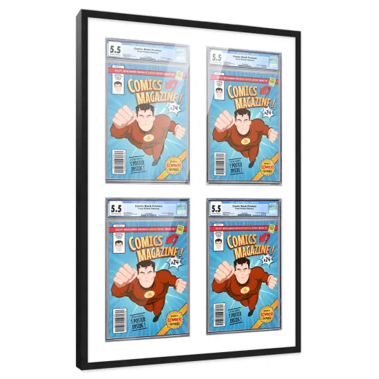 Comic Book Frame with Mat for 4 Graded Comics - Black Wood Comic Frame With White Mat for 8.125x13 Comics - 20.75x30.5 Frame Size {7}