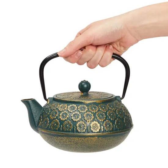 Green Floral Cast Iron Teapot Kettle with Stainless Steel Loose Leaf Infuser (34 oz) {5}