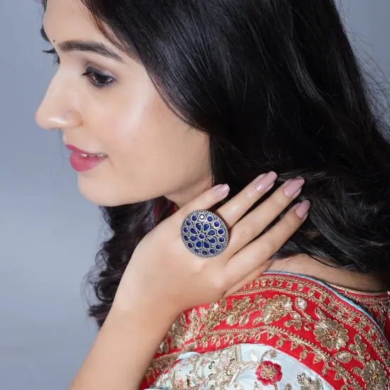 Classic Zodiac Ring Oxidised Plating Women Rings Open Wrap Finger Rings Adjustable Indian Bollywood Jewelry Antique Vintage Knuckle Boho Jewelry for Women - Gift for Her Blue {3}